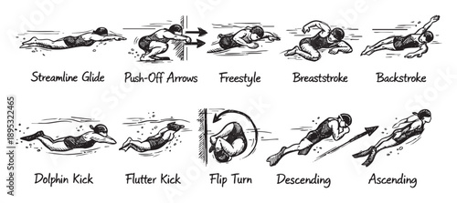Illustrated diagram showcasing various swimming strokes like freestyle, backstroke, breaststroke, and techniques such as flip turns, presented in a black and white style.