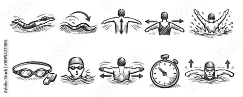 A set of hand-drawn style illustrations depicting swimming strokes, techniques, gear, and training, perfect for instructional materials or sporty designs.