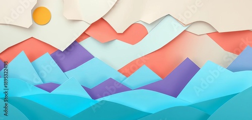 Geometric paper cutouts form abstract landscape scene ,  valleys,  simple