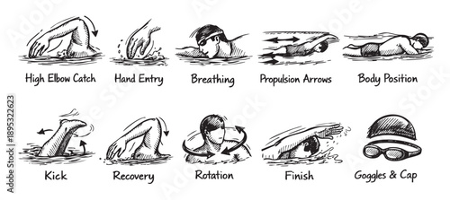 Hand-drawn illustration shows swimming stroke techniques, including high elbow catch, body position, and breathing, useful for coaching or training.