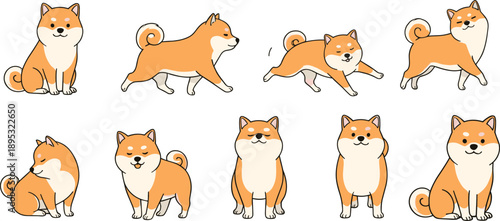 Cute Japanese Shiba Inu dog character set with various happy expressions and playful poses in kawaii flat vector style.