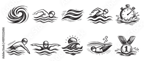 Hand-drawn vector set of swimming strokes, stopwatch, and gold medal on a white background, ideal for designs about competition and swimming.