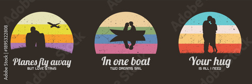 Lovers together. Different romantic couple silhouette. 70s label set