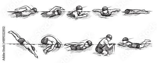 Hand-drawn illustration showing swimmer stroke stages in pool with water, perfect for sports, education or swimming themed project.