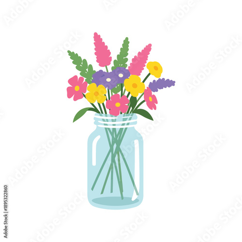 Spring wildflowers bouquet in mason jar vector clipart, colorful floral arrangement illustration