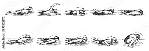 Ink drawing shows backstroke swim technique stages, from start to finish, useful in tutorials and exercise guides.