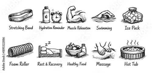 Black and white sketch depicts various post-workout recovery methods, including stretching, hydration, massage, rest, and nutrition, all drawn in a hand-drawn style.