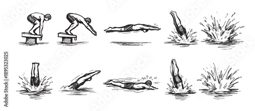 Line art illustration depicts a diver progressing from diving board launch, mid-air, water entry, and splash; isolated on white background; sketch art style.