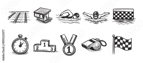 Set of black and white illustrations depicting swimming elements, including swimmers, pool lanes, diving block, podium, stopwatch, medal, whistle, and finish flag.