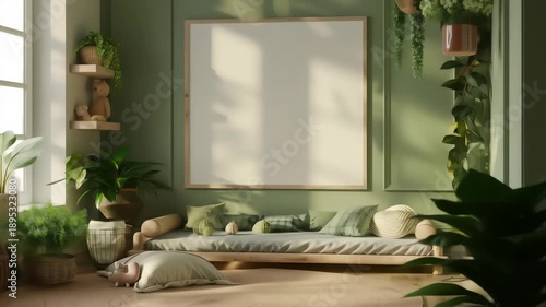 A serene and vibrant children's room bathed in natural light, decorated with numerous indoor plants and featuring a minimalist daybed and a blank wall frame.