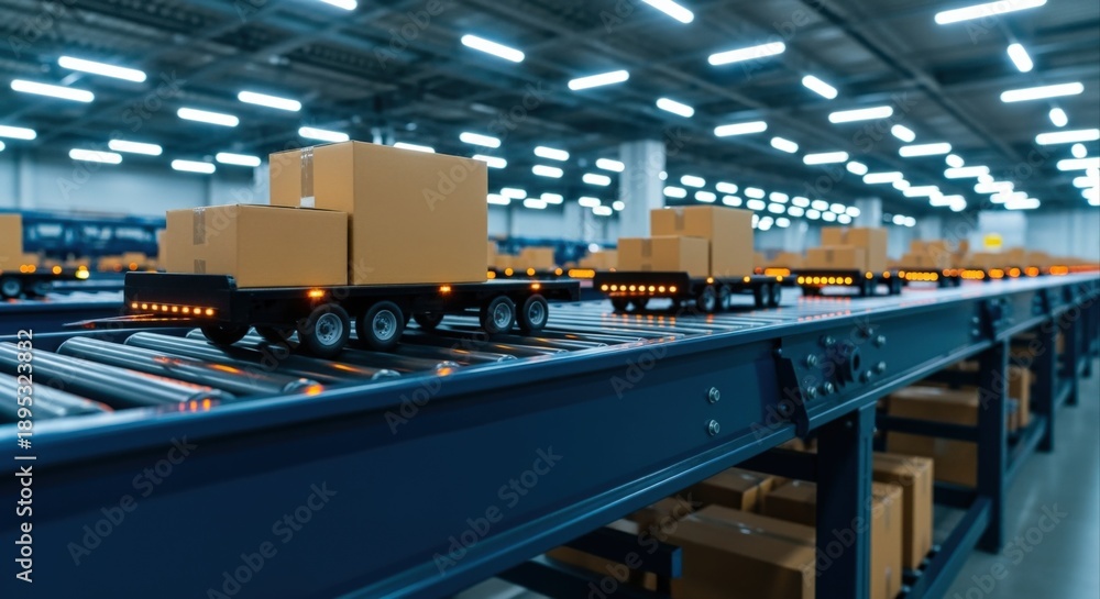 Fototapeta premium Automated Conveyor System Transporting Cardboard Boxes in a Modern Warehouse for Logistics and Distribution