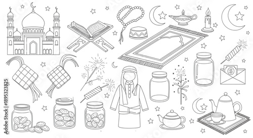 Eid al-Fitr Ramadan Outline Doodle Set Islamic Celebration Graphics for Web Design Social Media Printables