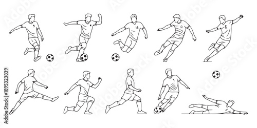 Collection of soccer players illustration, men kicking ball, football game action, various poses, sport activity and team play concept