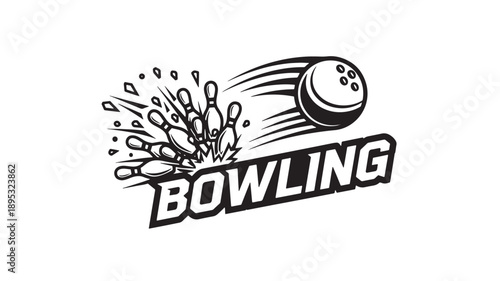 A black and white illustration of a bowling ball hitting pins with a dynamic motion effect, symbolizing energy and action in bowling.