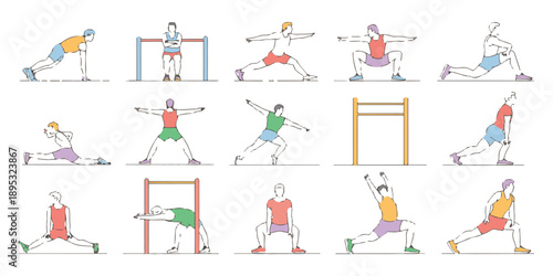 Colorful flat vector illustrations depicting people performing dynamic stretching and calisthenics exercises with gym equipment
