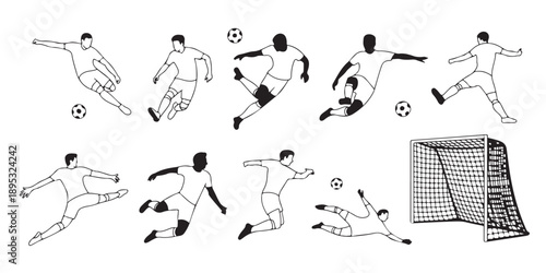 Set of football players and goal illustration, men in action, soccer game elements, various dynamic poses, competitive sport concept