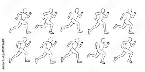 Set of running man illustrations, male athlete in motion, various running poses, exercise and fitness activities, marathon training