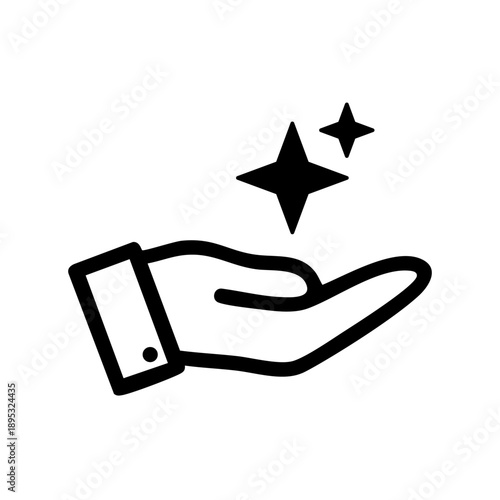 Minimal black hand icon holding sparkling stars symbolizing service care magic or support concept