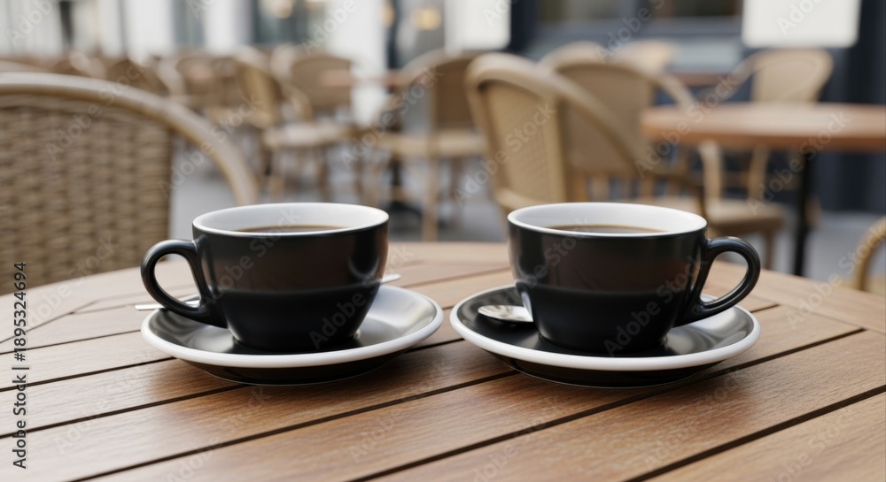 Obraz premium Two Cups of Coffee on a Wooden Table in an Outdoor Cafe Setting for Commercial Use