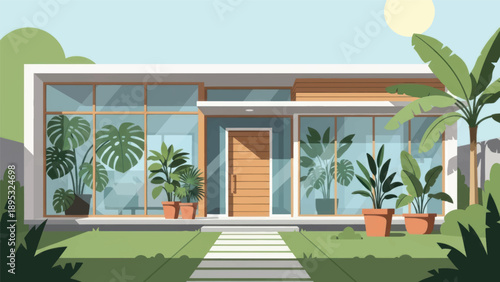 Modern glass-walled house with tropical plants and serene landscaped garden.