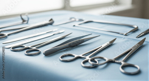 Surgical instruments arranged on blue medical cloth background