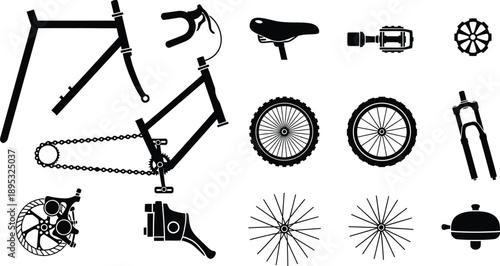 A comprehensive collection of bicycle parts and components rendered as black silhouettes