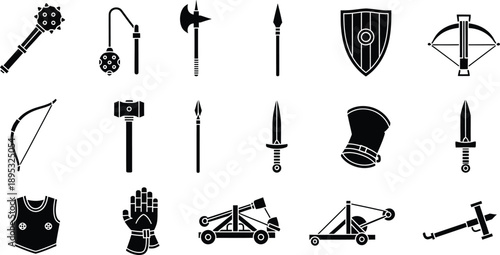 A large collection of medieval warfare icons including weapons, armor, and siege engines