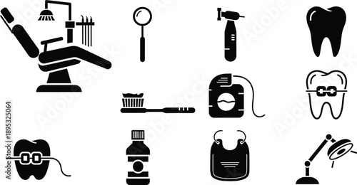 A collection of dental icons representing tools, hygiene, and procedures