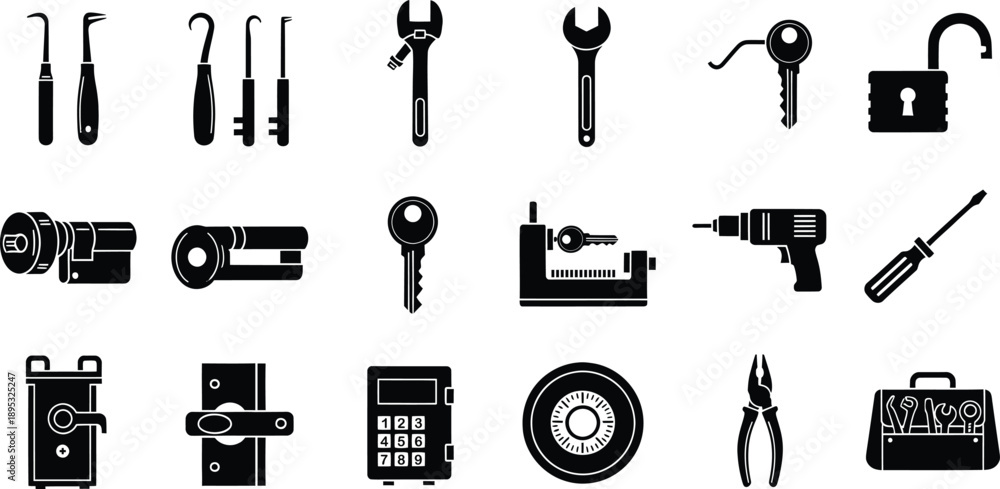 Obraz premium A comprehensive set of locksmith tools and security devices silhouette icons