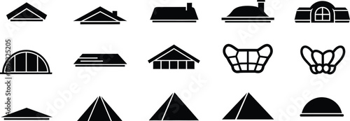 A collection of architectural roof silhouettes and building structural icons