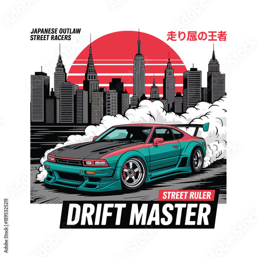 Drift Master Street Ruler Japanese Style Car with City Skyline Vector