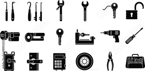 A comprehensive set of locksmith tools and security devices silhouette icons