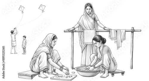 Rural Indian Women Preparing Food and Flying Kites, Family Bonding, Cultural Heritage, Outdoor Activity, Joyful Lifestyle, Summer