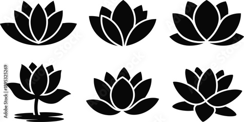 Lotus Flower Silhouettes in Artistic Styles, Petal Variations and Reflections, Nature Symbol Theme, Vector Illustration, Floral Design Elements, Decorative Botanical Graphics