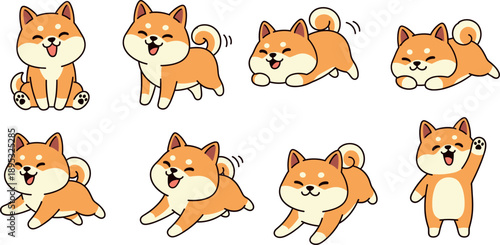 Kawaii Shiba Inu Dog Vector Character Set With Various Puppy Poses Including Happy Waving Running And Playful Pouncing Isolated On White.
