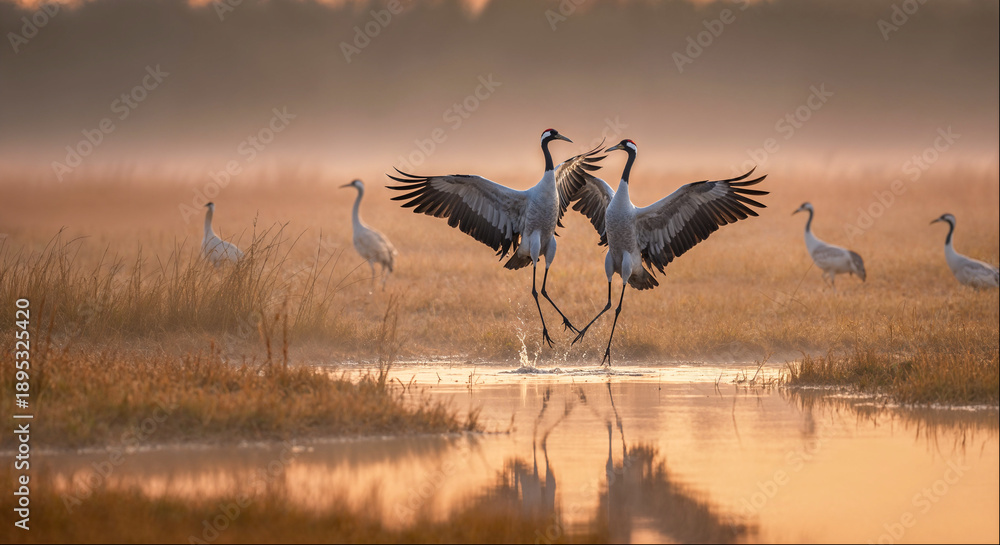 Obraz premium Cranes dance in shallow water at dawn in wetlands, showcasing their grace and movement in nature
