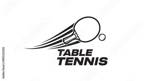 Dynamic table tennis paddle and ball illustration with bold typography on white background, ideal for sports branding.
