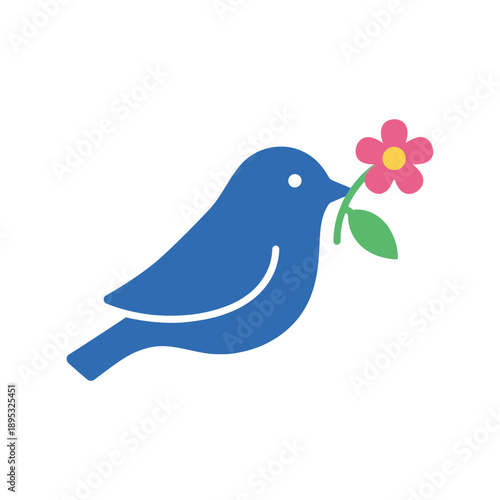 Blue bird with flower in beak vector clipart, flat spring illustration for greeting cards