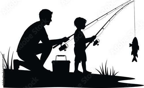 Father and son silhouette fishing together by the water with a caught fish on the line and a tackle box nearby