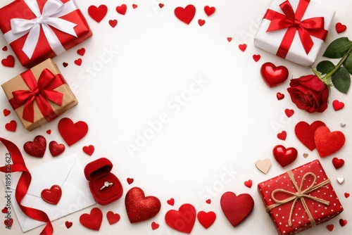 Colorful gifts and hearts arranged in a romantic layout.