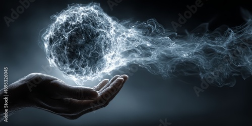 Glowing blue energy sphere floating above hand
