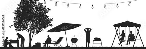 Silhouette scene of people enjoying a backyard barbecue with string lights and outdoor furniture grilling
