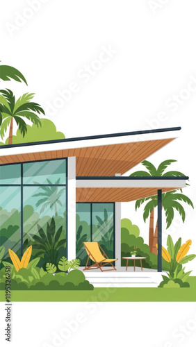 Sunny modern tropical villa with glass facade, lush garden and palm trees, inviting outdoor living space.