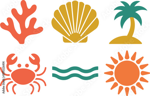 Beach icons, summer elements, ocean symbols, tropical vacation graphics, marine life illustrations, vector design for travel, holiday, nature, sea, sun, water