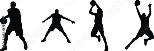 Basketball player silhouettes, action poses, vector sports icons, dynamic movement design, athletic graphic elements, isolated on white background, perfect for team branding