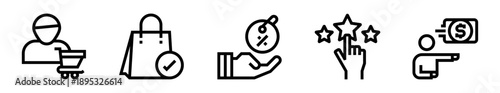 Conjunto de iconos de consumidor. Experiencia de compra, validación de productos, descuentos comerciales, valoración de servicios, pago rápido. Ilustración vectorial lineal