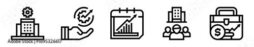 Conjunto de iconos de administración de empresas. Gestión corporativa, crecimiento organizacional, planificación estratégica, trabajo en equipo, rentabilidad financiera. Ilustración vectorial lineal