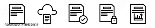 Conjunto de iconos de documento. Archivo digital, almacenamiento en nube, aprobación de archivo, protección documental, análisis de información. Ilustración vectorial lineal