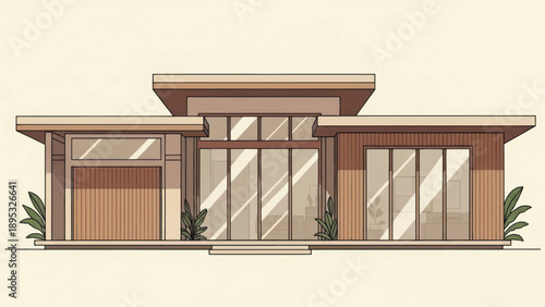 Modern single-story house with large glass facade and flat roof architectural design.