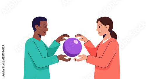 Teamwork and Partnership Concept. Diverse Man and Woman Sharing a Purple Sphere, Symbolizing Collaboration, Idea Transfer, or Future Vision.